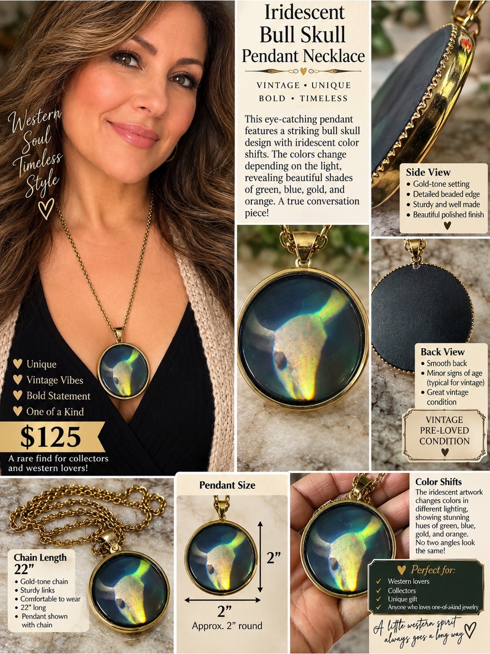 Iridescent Bull Skull Pendant Necklace - Gold Tone Chain - Green/Blue/Gold